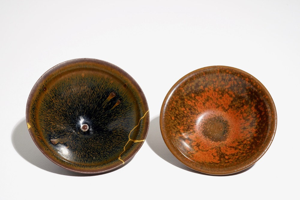 A Chinese kintsugi-repaired Jian hare's fur tea bowl, Song, and a red-splashed Jian bowl, Song or later