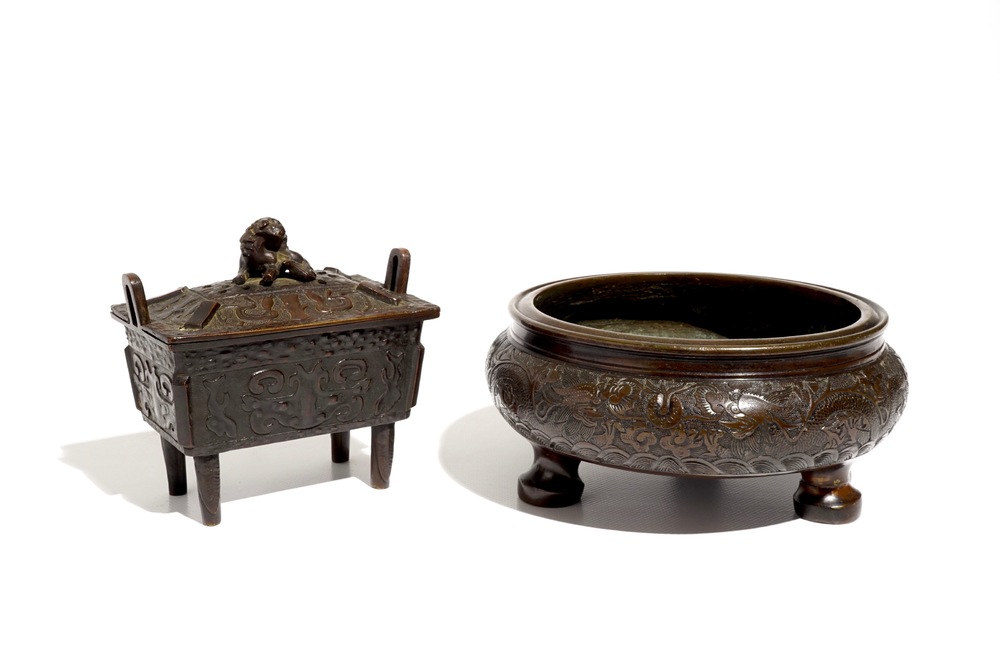 Two Chinese bronze incense burners, one with cover, 19/20th C.