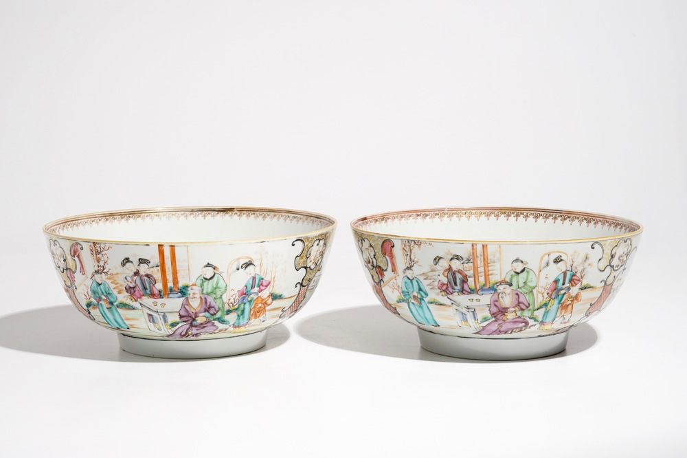 A pair of large Chinese famille rose mandarin bowls, Qianlong