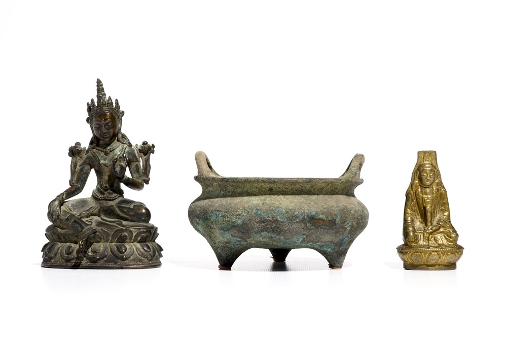 A Chinese Xuande mark bronze censer, a bronze model of Tara and a gilt copper alloy figure, Ming and later