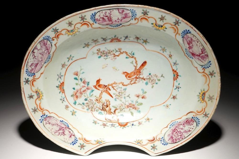 An oval Chinese famille rose shaving bowl with birds, Qianlong