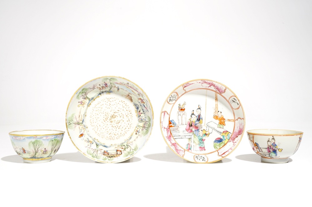 Deux tasses et soucoupes en porcelaine de Chine famille rose, Qianlong et 19&egrave;me