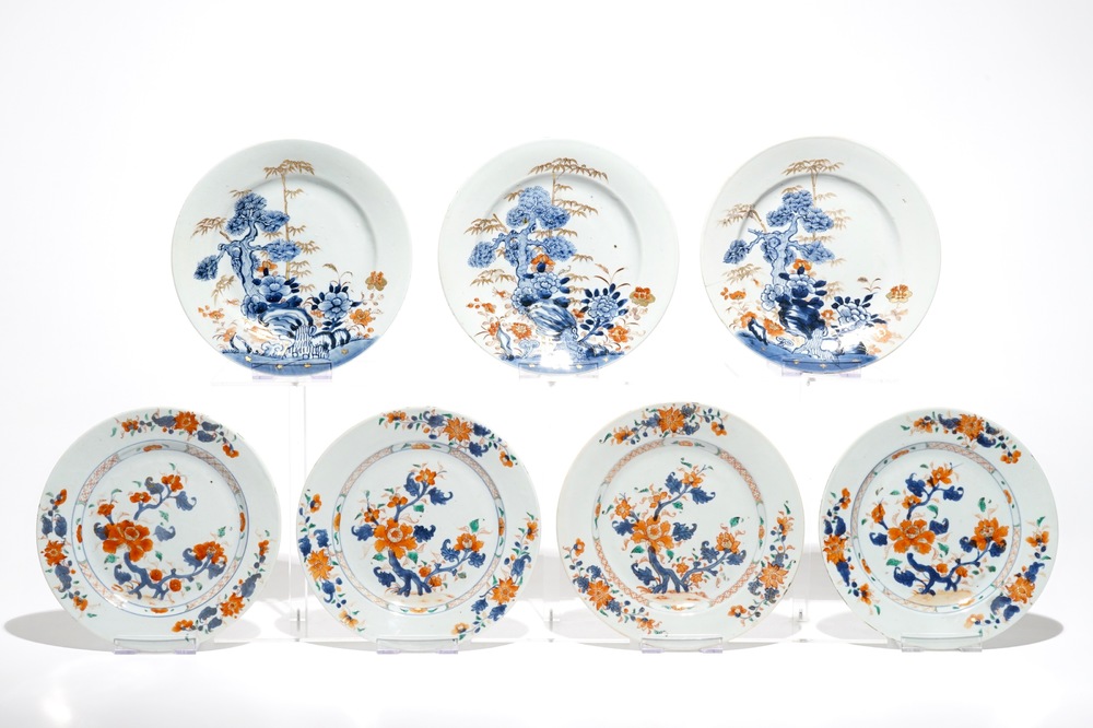 Seven Chinese Imari style plates with floral design, Qianlong