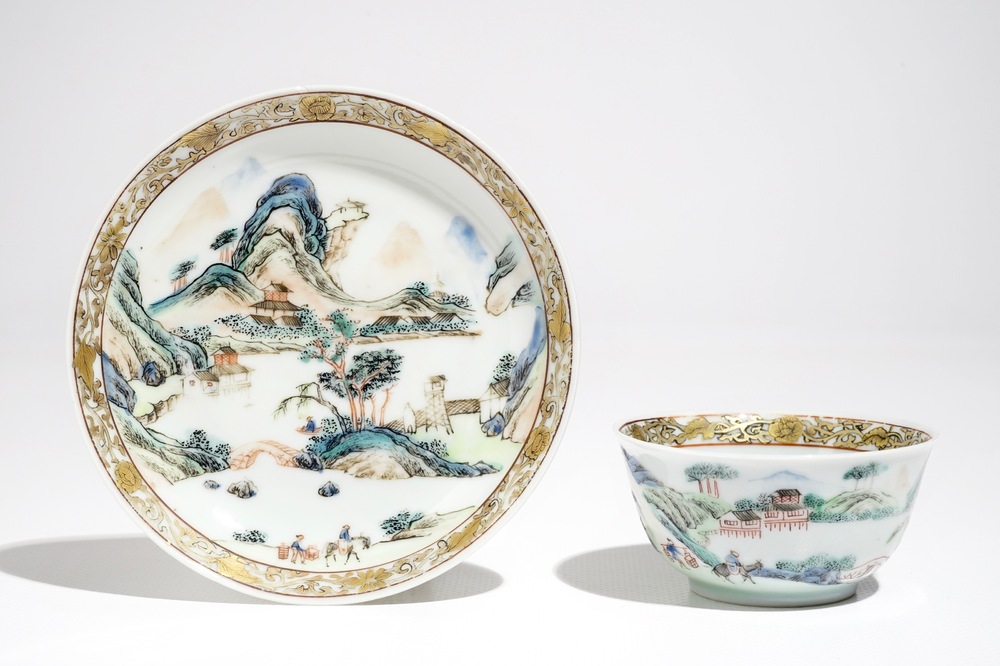 A Chinese famille rose cup and saucer with landscape design, Yongzheng