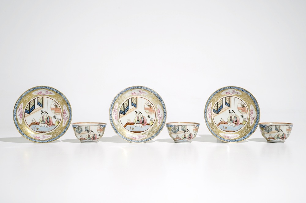 Three Chinese famille rose and gilt cups and saucers, Yongzheng/Qianlong
