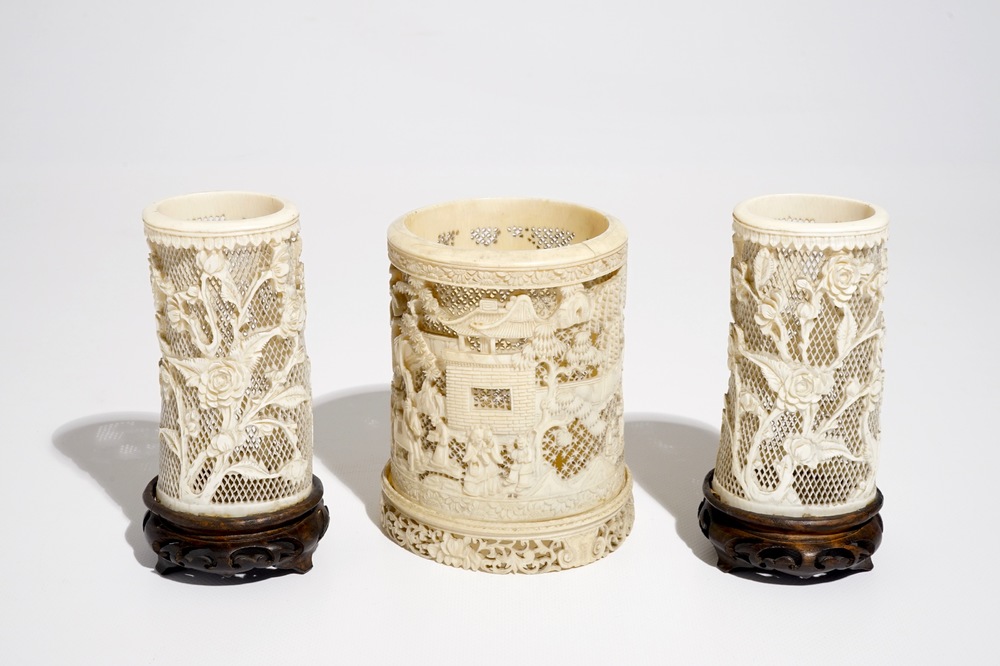 Three Chinese carved ivory brush pots, Canton, 19th and 20th C.