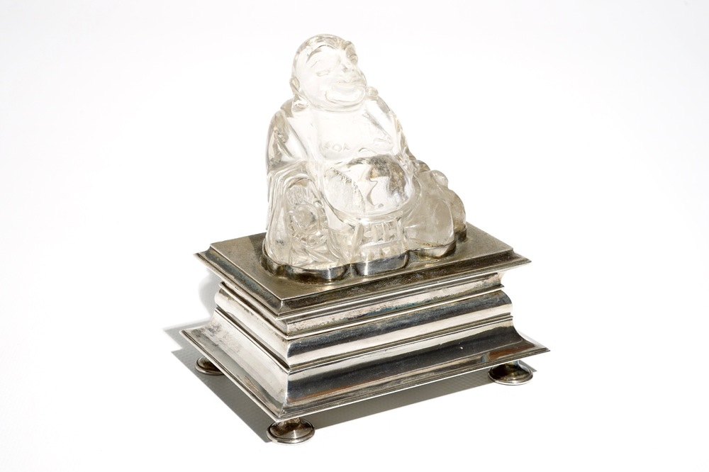 A Chinese rock crystal Buddha on German silver stand, poss. Augsburg, 18/20th C.