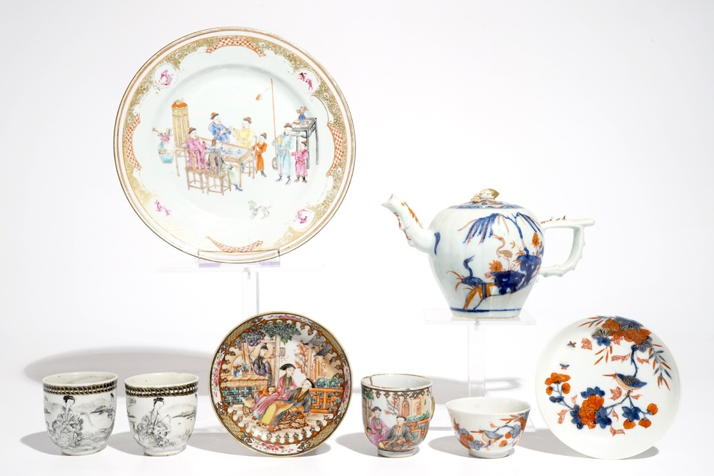 A varied collection of Chinese famille rose, grisaille and Imari style porcelain, Qianlong