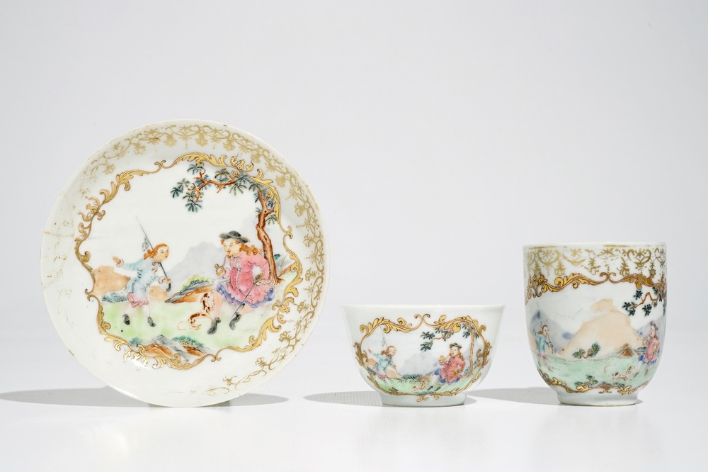Two Chinese famille rose cups and a saucer with European hunters, Qianlong