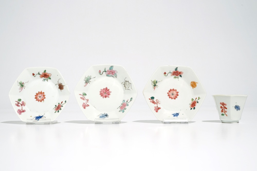 Three Chinese famille rose saucers and one cup with insects and flowers, Yongzheng