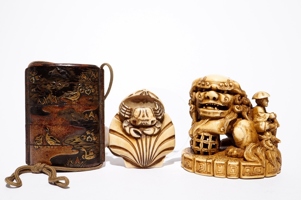 A Japanese laquer inro with ivory netsuke and agate ojime, and a Buddhist lion netsuke, Meiji/Taisho