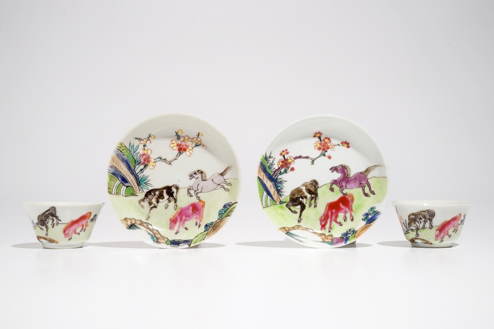 A pair of Chinese famille rose cups and saucers with horse design, Yongzheng/Qianlong