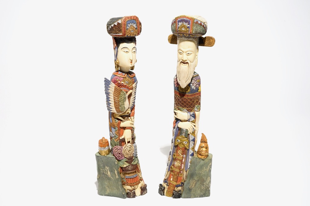 A pair of Chinese polychrome ivory figures, early 20th C.