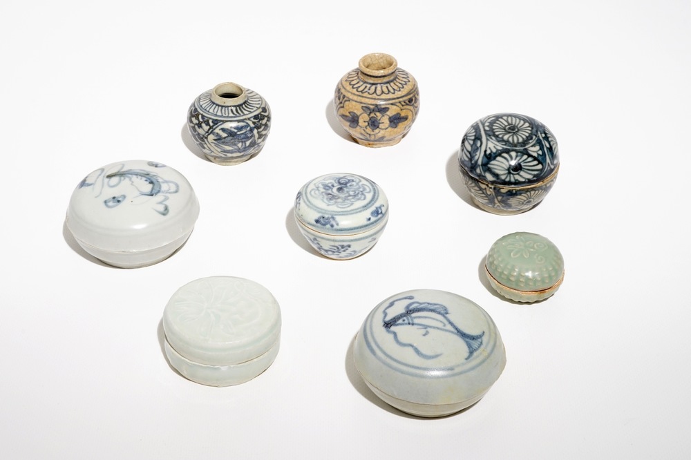 Eight small blue and white and qingbai jarlets and boxes, Song and Ming Dynasty