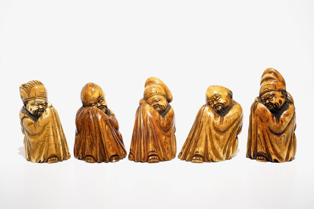 Five Chinese Ming-style ivory models of immortals, 19/20th C.