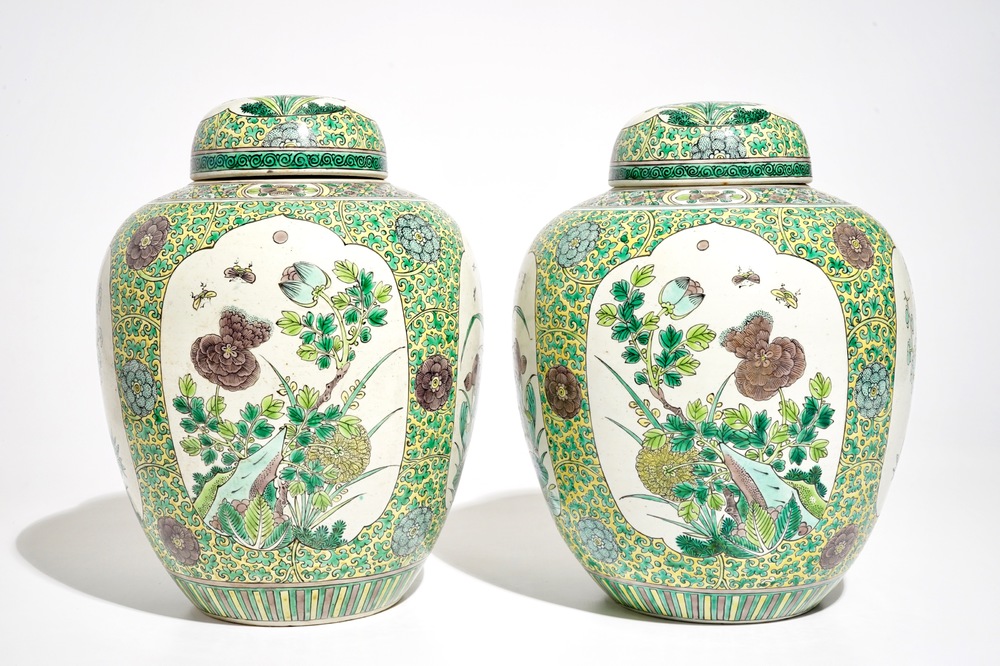 A pair of Chinese verte biscuit ginger jars and covers, 18/19th C.