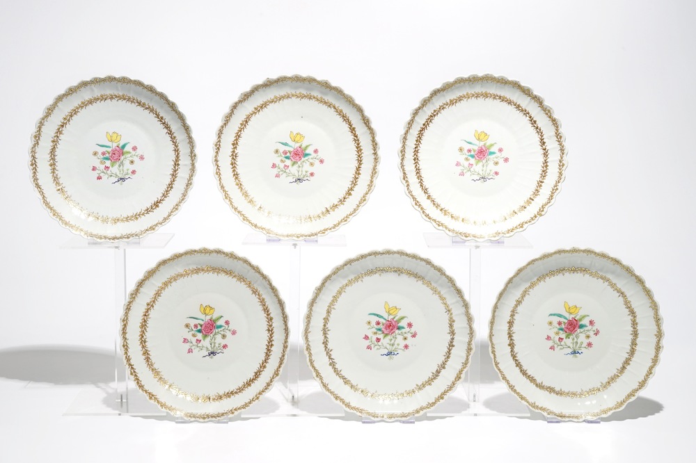 Six Chinese famille rose plates with L&ouml;westoft design, Qianlong