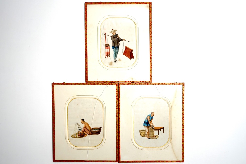 Three framed Chinese Cantonese rice paper paintings of professions, 19th C.