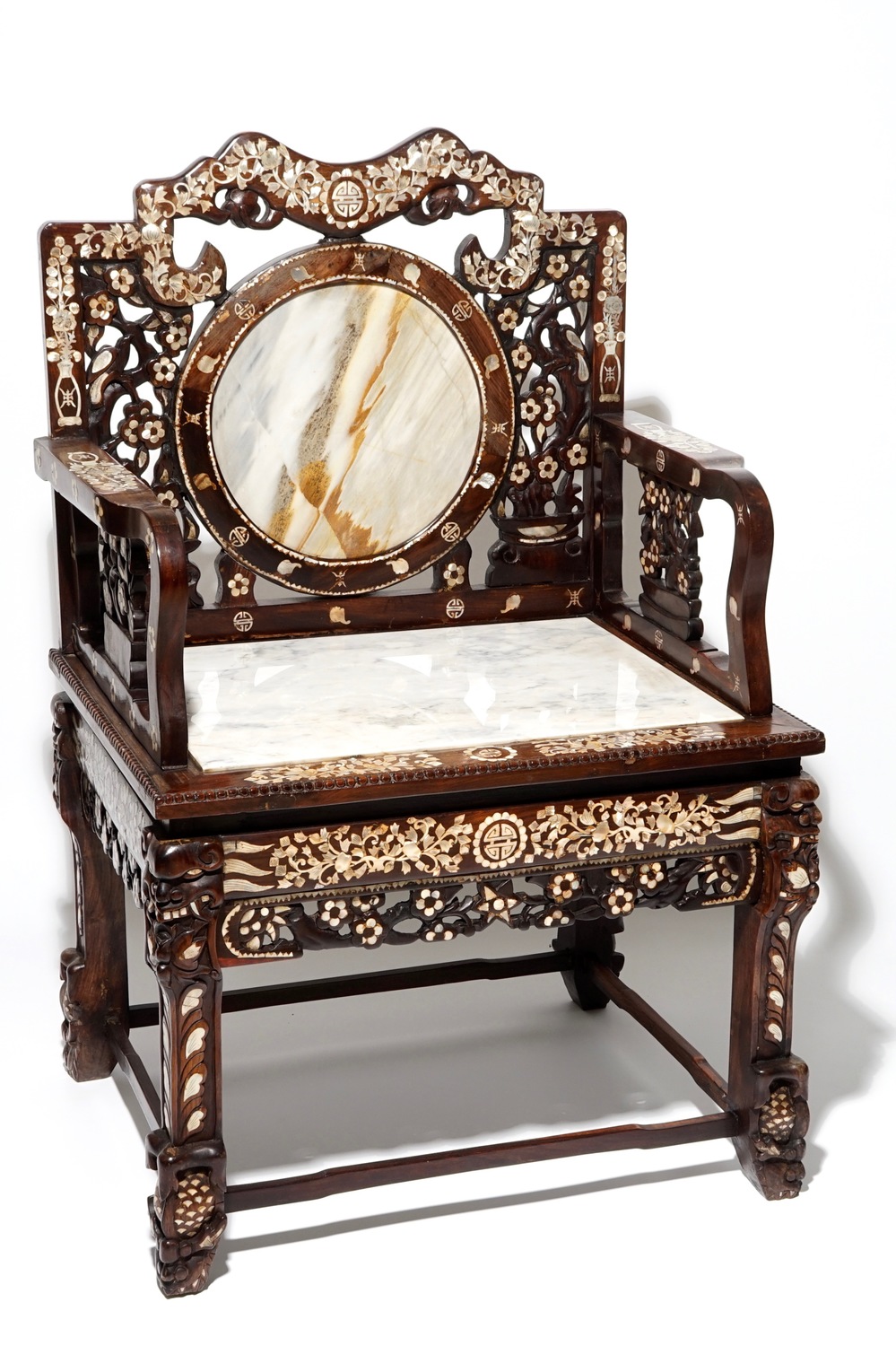 A Chinese Peranakan or Nyonya mother of pearl and marble inset hongmu chair, 19th C.