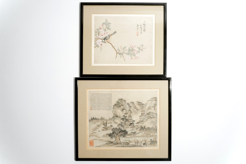 Two framed Chinese paintings of a landscape and a bird on branch, 18/19th C.