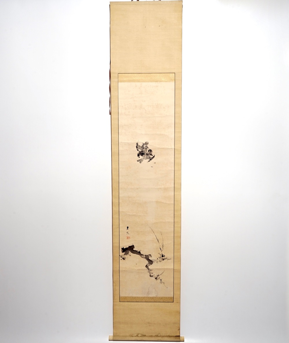 A Chinese paper scroll painting of birds above a branch, signed, 19/20th C.