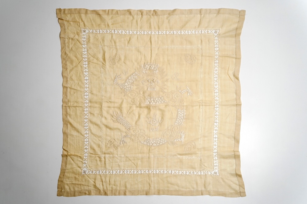 A square Chinese embroidered silk shawl with a dragon, late Qing