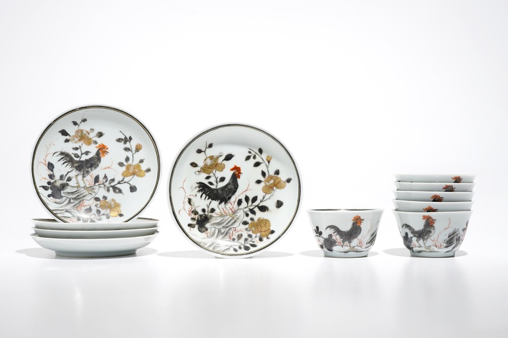 Six Chinese grisaille cups and five saucers with rooster design, Yongzheng/Qianlong