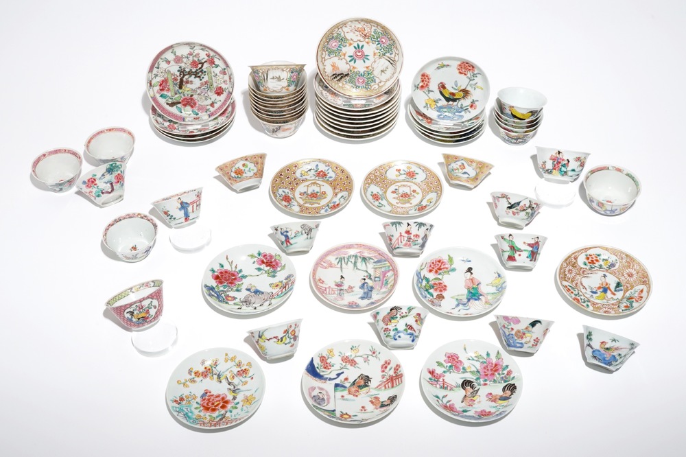 Thirty-three Chinese famille rose cups and twenty-two saucers, Yongzheng/Qianlong