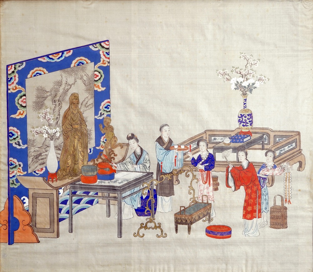 Een Chinese schildering op textiel met offersc&egrave;ne bij altaar, 19e eeuw