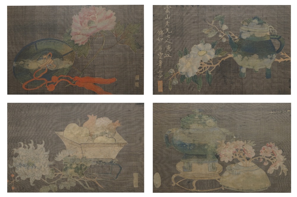 A set of four Chinese paintings of antiquities and flowers, framed, 19th C.