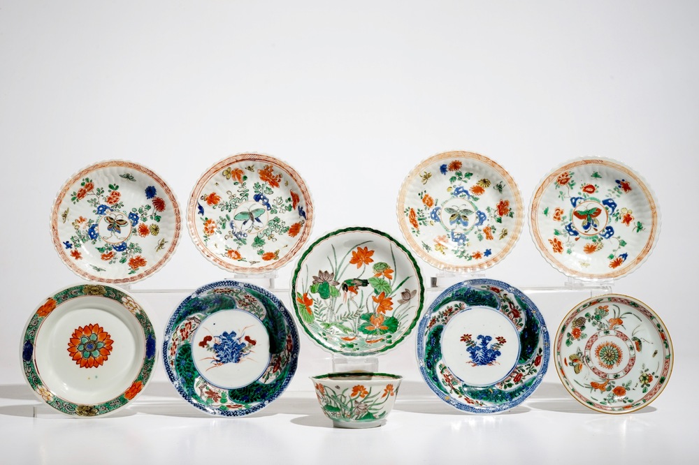 A Chinese famille verte cup and saucer and eight saucers, Kangxi
