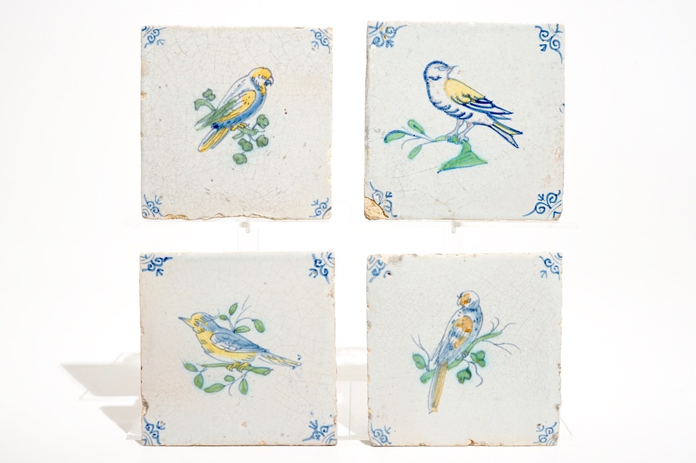 Four polychrome Dutch Delft tiles with birds, 17th C.
