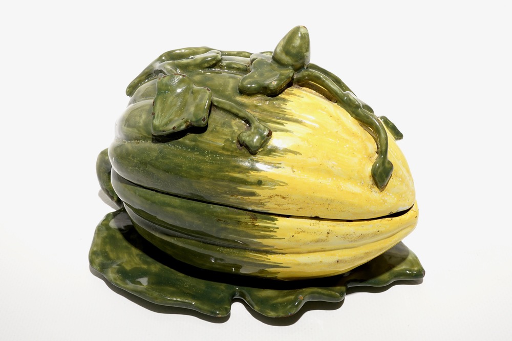 A polychrome Dutch Delft melon tureen, 2nd half 18th C.