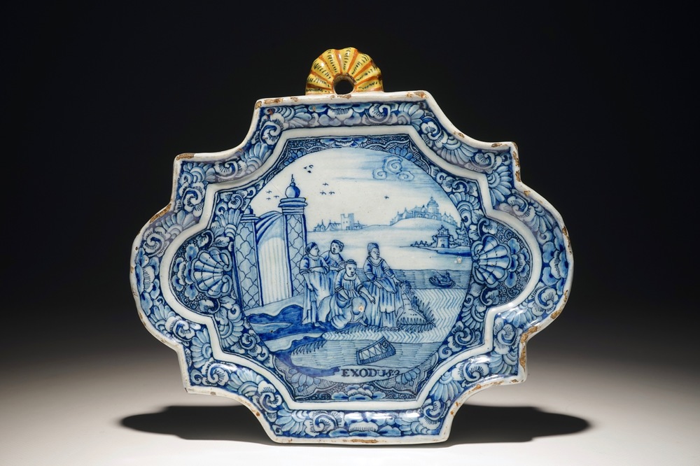 A Dutch Delft mixed technique biblical subject plaque, 18th C.