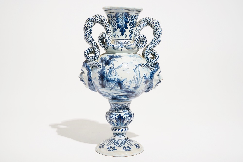 A blue and white Delftware two-handled vase with a galant scene, France, 19th C.