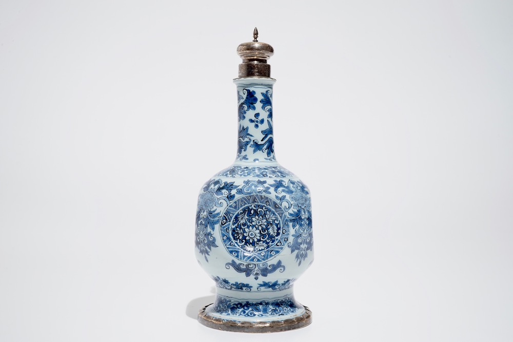 An indented Dutch Delft blue and white silver-mounted vase, Samuel van Eenhoorn, 1678 - 1686