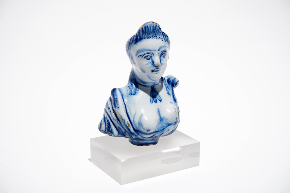 A Dutch Delft blue and white bust of a female, 18th C.