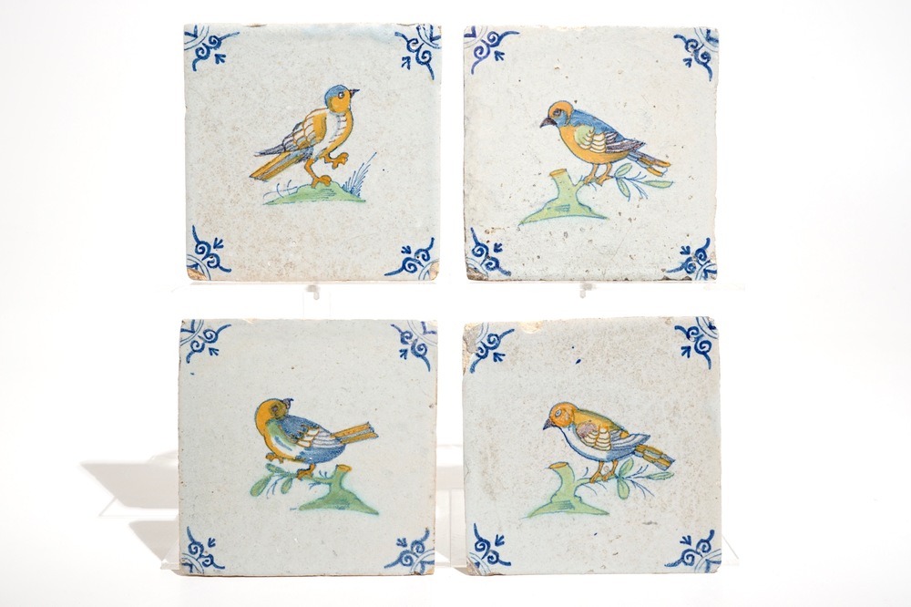 Four polychrome Dutch Delft tiles with birds, 17th C.