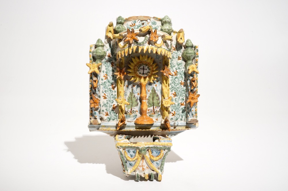 A large polychrome Spanish pottery holy water font, Talavera, 2nd half 18th C.