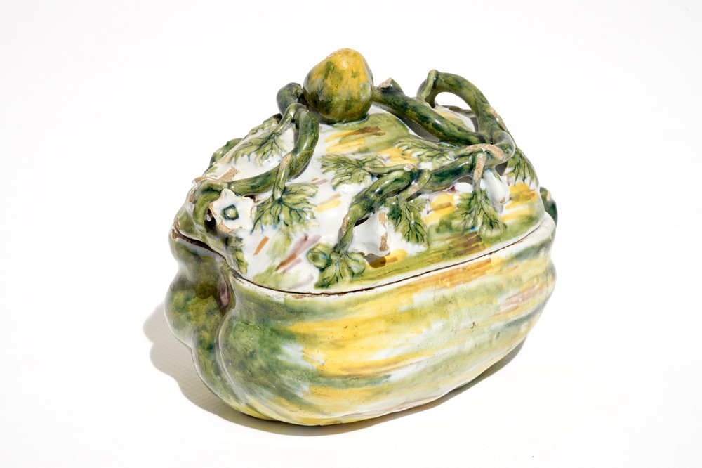 A polychrome Dutch Delft pumpkin-shaped tureen and cover, 18th C.