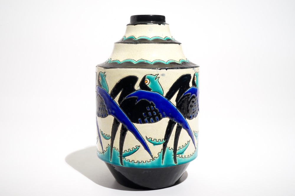 An art deco crackle glazed vase with swallows, Charles Catteau for Boch K&eacute;ramis, 1st half 20th C.