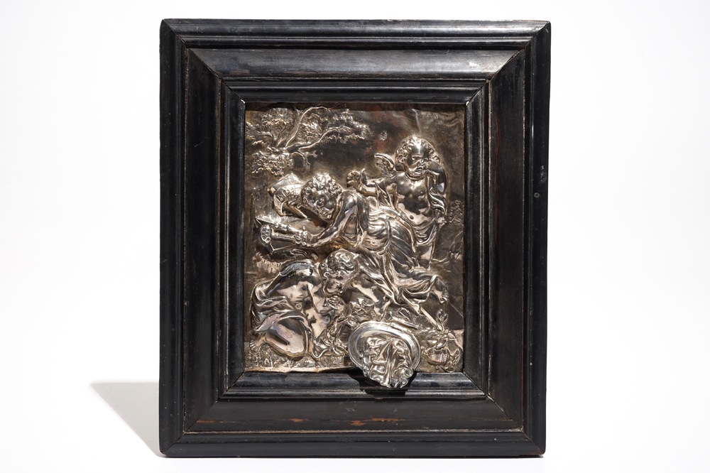 A silver relief plaque with a mythological scene with putto, poss. Antwerp, 17th C.