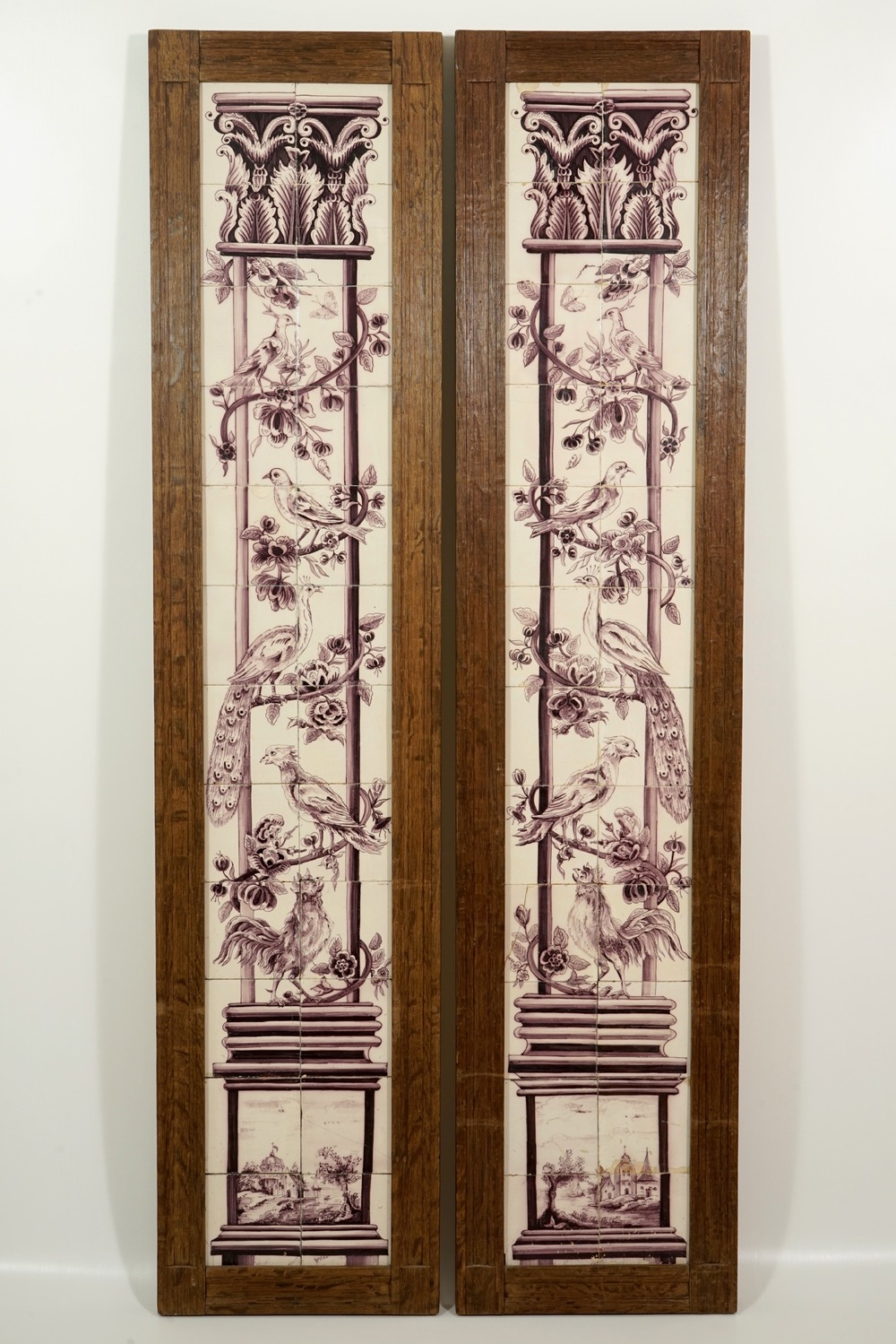 A pair of vertical Dutch Delft manganese tile panels, prob. Utrecht, 2nd half 18th C.