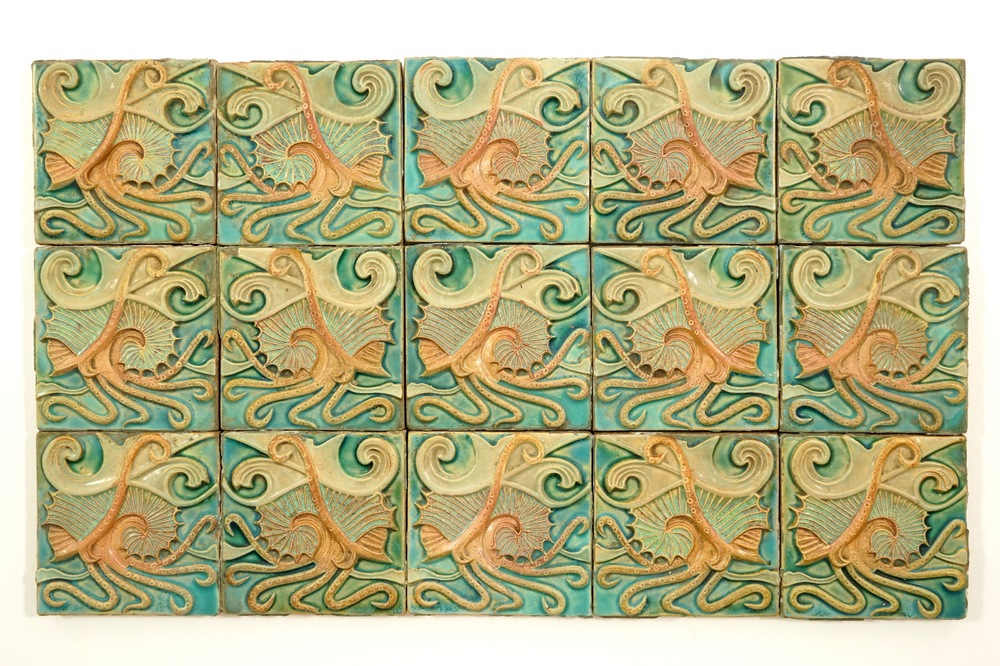 Emile M&uuml;ller &amp; Co., Paris, a field of 15 relief-decorated Art Nouveau tiles, 19th C.