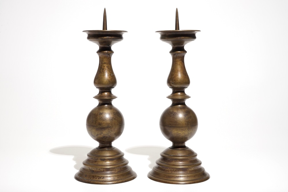 A pair of large Flemish bronze pricket candlesticks, 17th C.