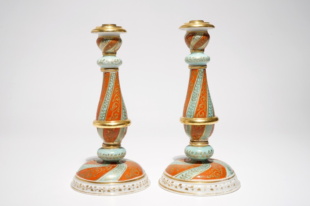 A pair of Paris porcelain candlesticks, Jacob Petit, 19th C.