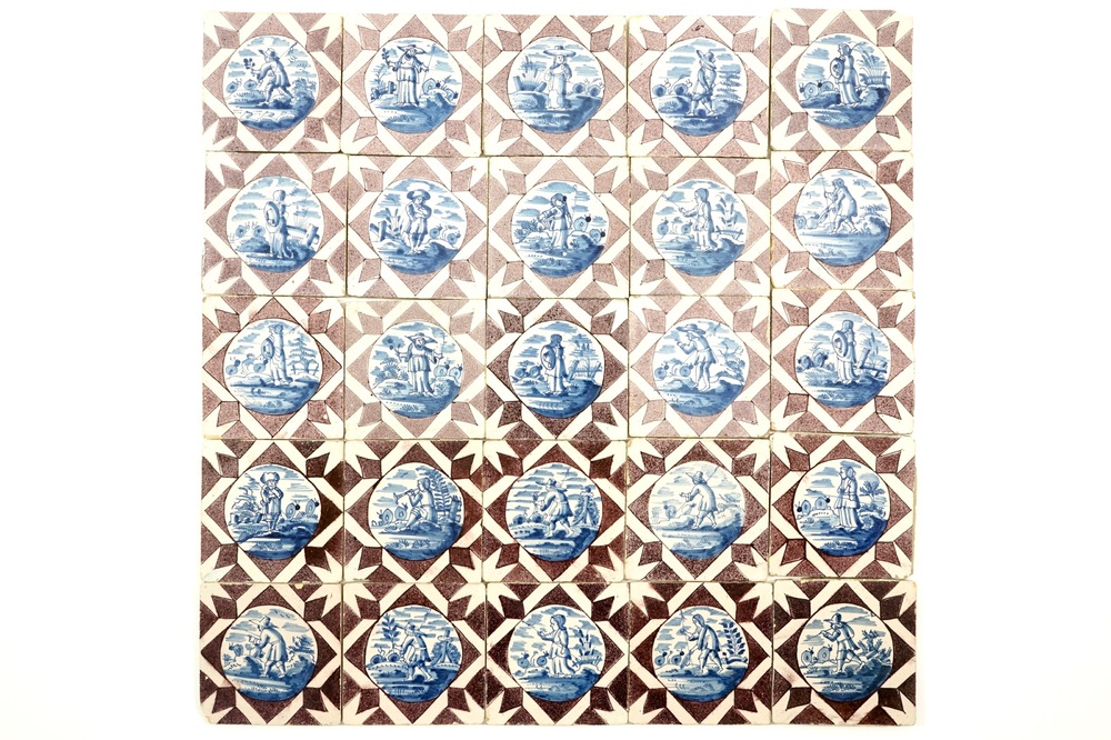 A field of 25 Dutch Delft tiles with figural designs in blue and manganese, 18th C.