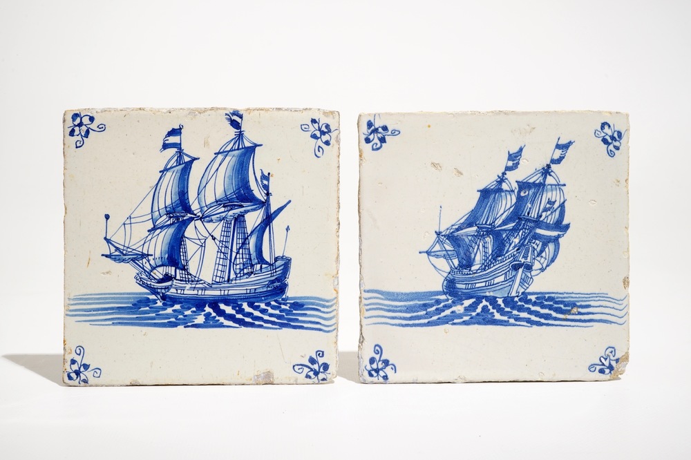 Two fine Dutch Delft blue and white tiles with large ships, 17th C.