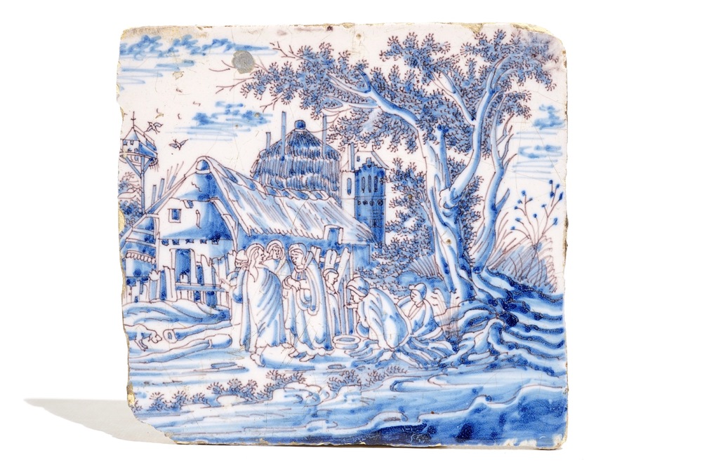 A large Dutch Delft blue, white and manganese biblical tile, 1st half 18th C.