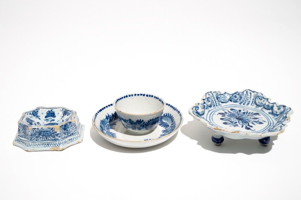 A Dutch Delft blue and white salt, a chocolate cup and a spice dish, 18th C.